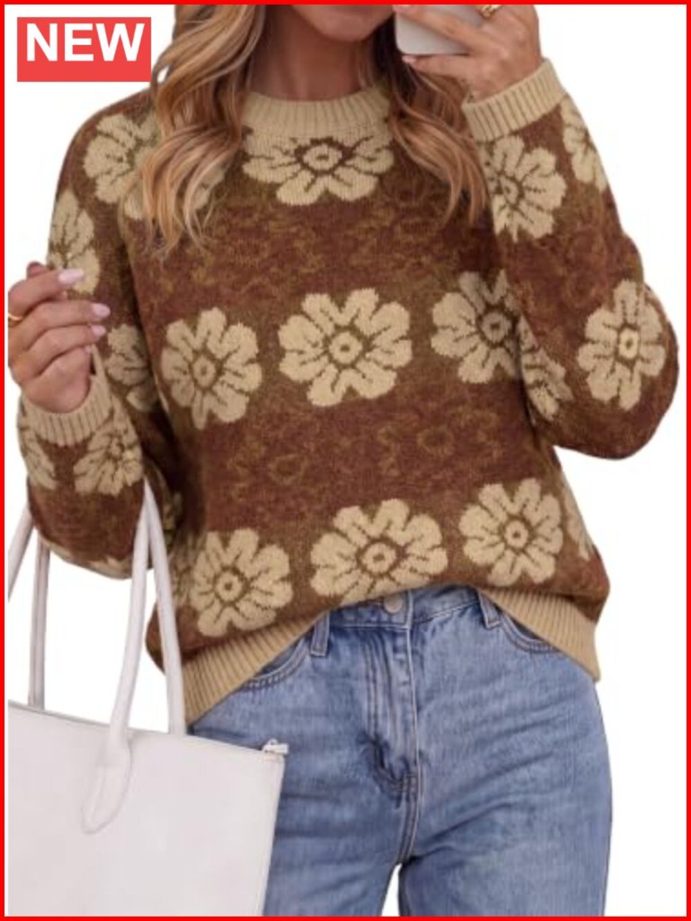 Womens Floral Crewneck Sweater Knit Pullover Loose Fit Long Sleeve
